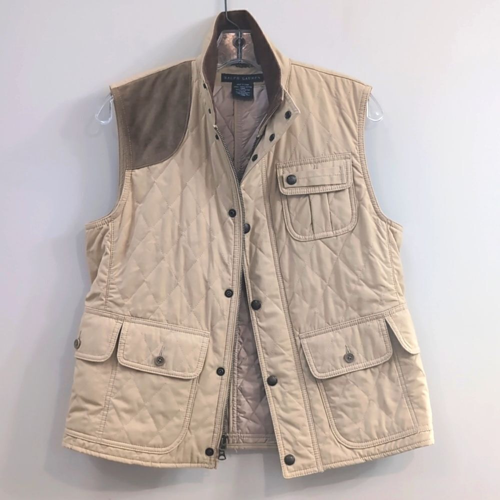 Ralph Lauren Tan Quilted Vest Corduroy Suede Patch Snap Button Sz L